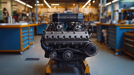 Car engine on a stand in a workshop ready for overhauling. - obrazy, fototapety, plakaty