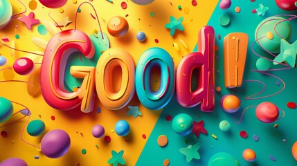Colorful 3D text 'Good!' with festive abstract shapes on yellow-teal background - obrazy, fototapety, plakaty