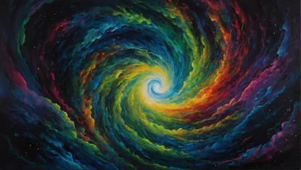 Papier Peint photo Mélange de couleurs In the phosphorescent analog-inspired quantum realm of this acrylic painting, a mesmerizing vortex of swirling colors and patterns captures the essence of cosmic energy.