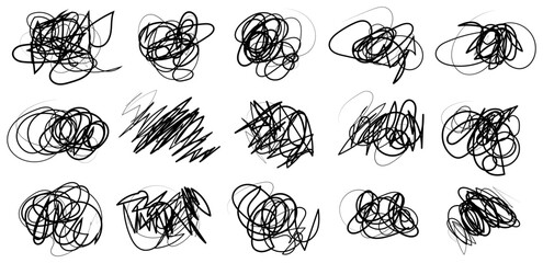 Set of scribble chaos line. Messy, tangled, chaotic knot , hand drawn doodle pen style vector illustration