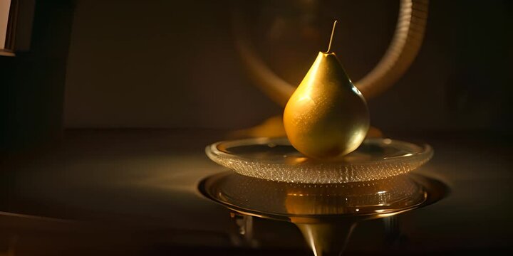 A striking image of a ripe pear artfully reflected in a round mirror, presented on a dark reflective table 4K Video