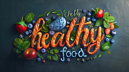 Obraz na płótnie Canvas Artistic depiction of the words 'healthy food' with fruits and leaves on dark background