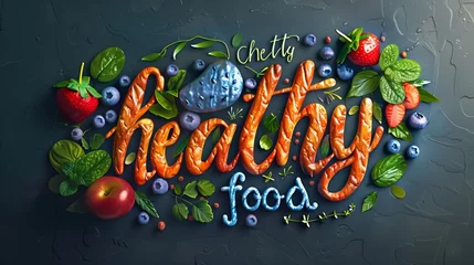 Fotobehang Artistic depiction of the words 'healthy food' with fruits and leaves on dark background © Natalia
