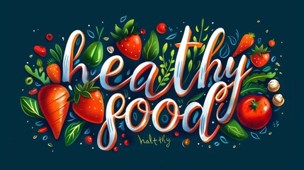 Whimsical illustration with 'Healthy Food' phrase surrounded by fruits and veggies