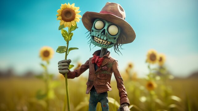 Cartoon 3D zombie with a flower hat, sunny field, cheerful mood, eyelevel shot