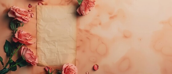 Elegant roses arrayed beside aged paper on a peach backdrop, an exquisite composition for wedding stationery or romantic themes.
