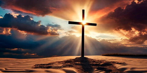 Cross in a desert under sunset or sunrise light. cross enlightened by the sun's rays representing...