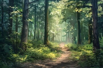 A whimsical digital drawing of a mystical forest filled with vibrant colors and dream-like atmosphere