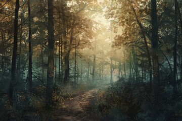 Naklejka premium A whimsical digital drawing of a mystical forest filled with vibrant colors and dreamy atmosphere