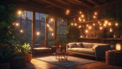 a room in a wooden house is covered with greenery of indoor plants and many lamps, 3d rendering