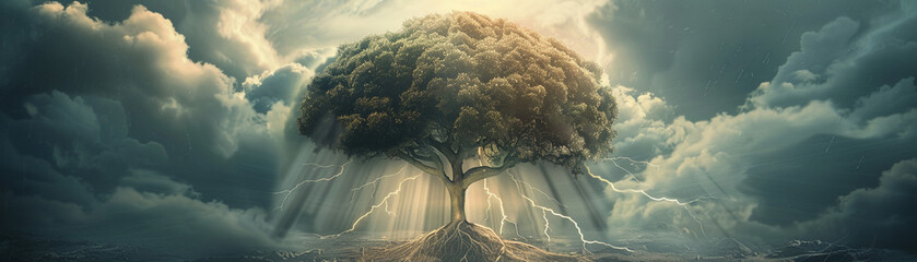 Surreal landscape of a brain-tree growing under a cloud, watered by knowledge, evoking growth and potential