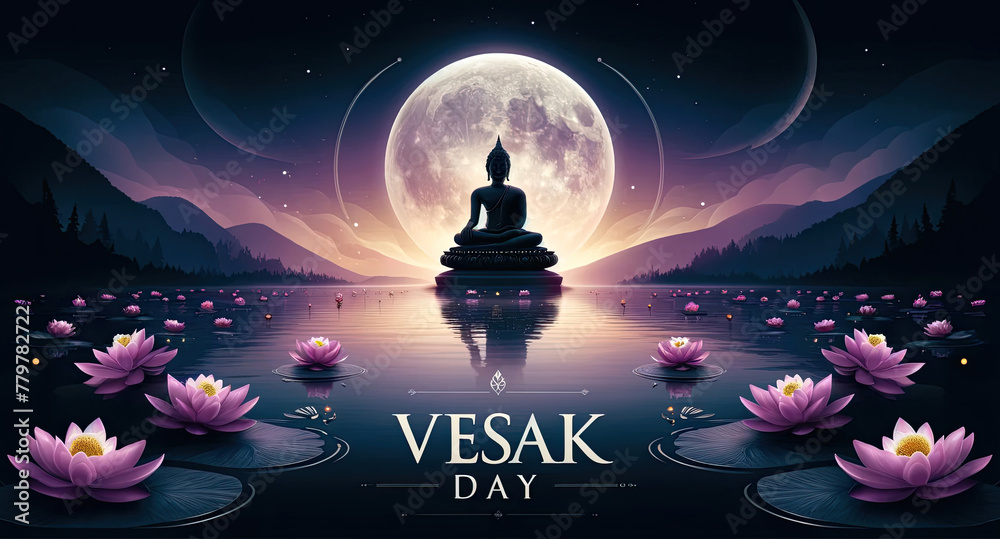 Wall mural illustration for vesak day featuring the serene image of buddha meditating under the full moon surro