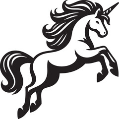 Black and white unicorn jumping vector illustration.