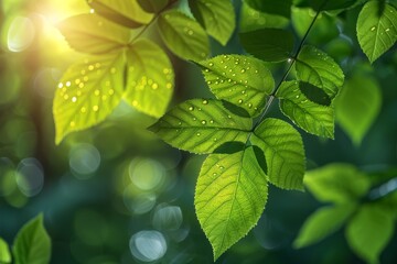 A fresh, vibrant cluster of green leaves with sparkling water droplets, illuminated by sunlight - obrazy, fototapety, plakaty