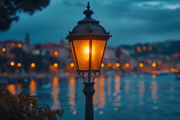 An antique streetlamp stands glowing against a backdrop of a city enveloped in the hues of twilight