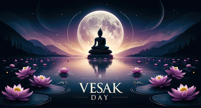 Illustration for Vesak Day featuring the serene image of Buddha meditating under the full moon surrounded by lotus flowers and a tranquil landscape.