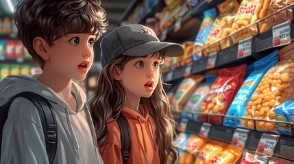 Fototapeta na wymiar Adventure in the snack aisle kids choosing treats for movie night