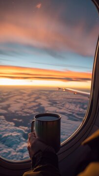 A pilot with an aluminum mug of black tea, the earlymorning sky in the viewport reflected in the cupa  s sheen