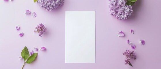 Lavender hydrangea flowers scattered around a central white space on a pastel purple background.