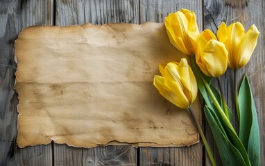 Vintage-styled parchment paper flanked by golden yellow tulips on a weathered wooden background, evoking a sense of timeless elegance.