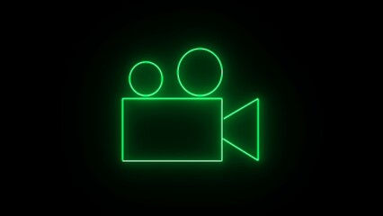 Green neon light video camera icon. Neon glowing camera sign. glowing Video camera sign icon. video camera symbol, movie sign on black background. video camera icon for streaming.