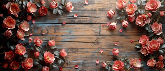 With magnolia flowers, roses, hortensia, kraft eco paper, and room for your text to be added on a...