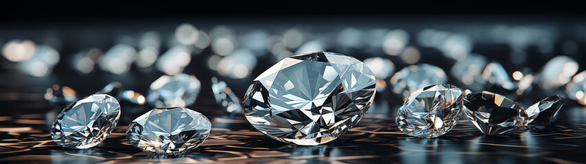 Scattered Brilliant Cut Diamonds on Glassy Dark Background - obrazy, fototapety, plakaty