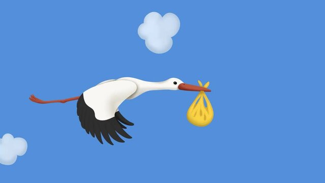 Stork with gender neutral baby looped animation