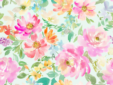 Seamless pattern of pink roses and wildflowers painted in watercolor. Floral pattern for invitation.