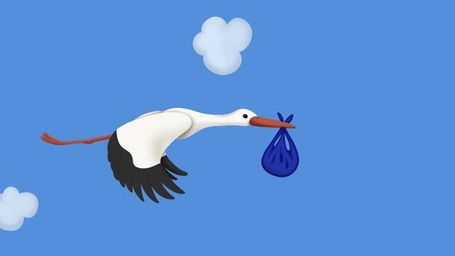Stork with baby boy looped animation