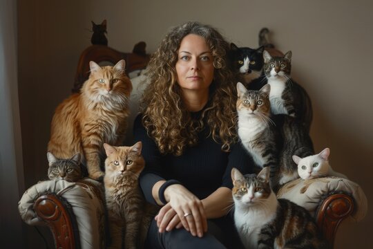 Home Comforts: Woman Enjoying Relaxation with Many Cats in Armchair