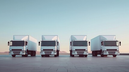 Fleet of four white delivery trucks lined up on a paved surface at dusk or dawn