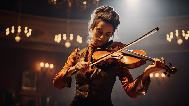 Portrait of a young girl violinist playing violin in theatre