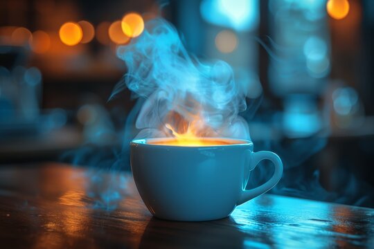 A beautifully captured image of a steaming coffee cup, exuding a feeling of warmth and comfort in a cozy cafe setting