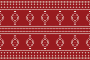 Traditional ethnic motifs ikat geometric fabric pattern cross stitch.Ikat embroidery Ethnic oriental Pixel red background. Abstract,vector,illustration. Texture,christmas,decoration,wallpaper.