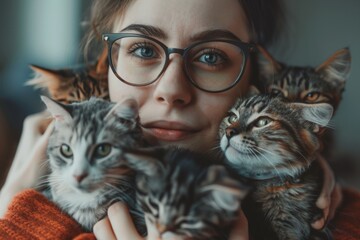 Whiskered Bliss: Woman's Lifestyle Enhanced by Holding Many Cats - obrazy, fototapety, plakaty
