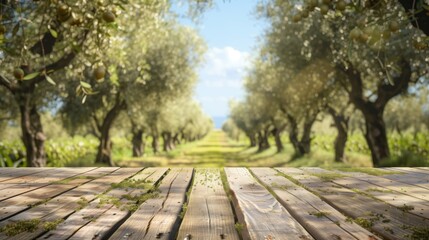 Fototapeta na wymiar Wooden table view leading to a sunlit olive grove with mature trees.