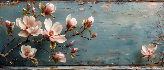 With magnolia flowers and place for your text on a shabby wooden plank background. Copy space...