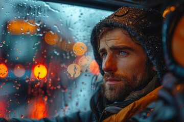 Thoughtful man in a hooded raincoat looking through a rainy window with reflective bokeh