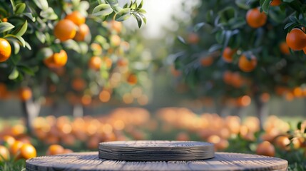 Wooden platform in foreground with blurred orange trees in background - obrazy, fototapety, plakaty