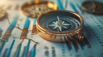 A compass overlaid on a growth chart, symbolizing the strategic direction and guidance leading to business success