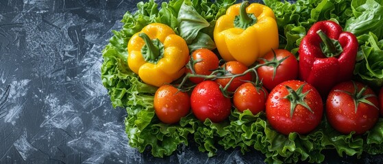 The elements of ripe bell peppers, lettuce, and tomato are isolated on a white background in a healthy eating theme. Copy space is available in addition to the photo or text. There is an abundance of - obrazy, fototapety, plakaty