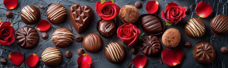 Obraz na płótnie Canvas Artisan chocolate selection with vibrant roses, perfect for a romantic gift or special occasion..