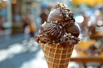 Sumptuous chocolate ice cream scoop in a cone, drizzled with syrup and nuts, in a lively street setting..