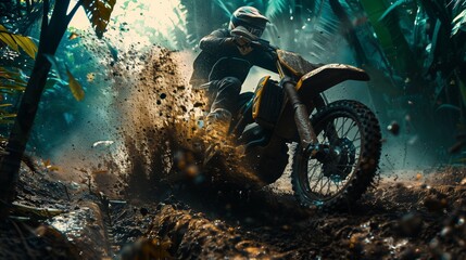 Motocross biker performing a dynamic turn on a muddy forest track