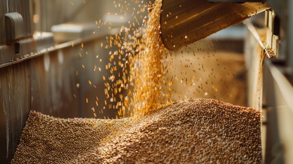Grains being poured into a container with warm sunlight casting a glow. - obrazy, fototapety, plakaty