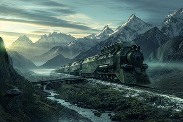 Futuristic military train transporting troops and vehicles through a mountain pass at dawn - obrazy, fototapety, plakaty