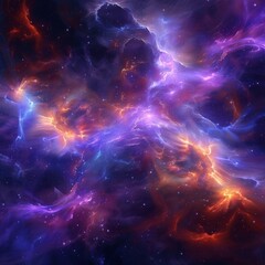 Energetic digital nebula, indigo  tangerine neon stars - obrazy, fototapety, plakaty