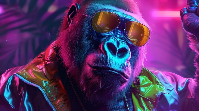 Disco gorilla hosting a dance-off 80s vibe and groovy moves