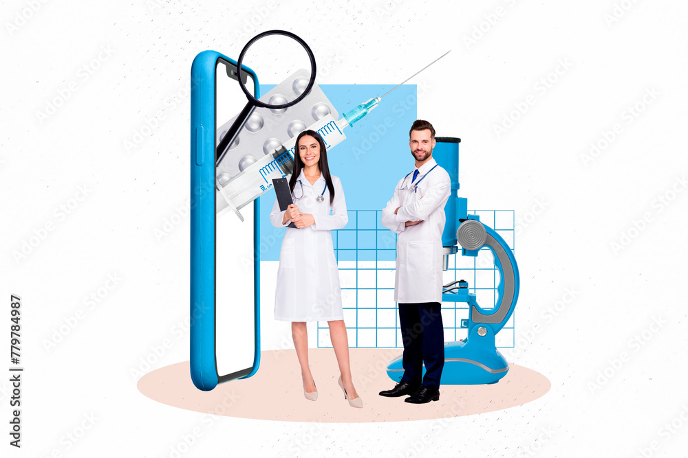 Canvas Prints Composite photo collage of laboratory girl man iphone screen pills microscope vaccine covid prevention help isolated on painted background